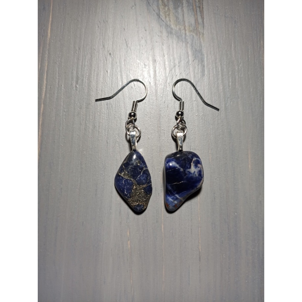 Blue Sodalite Stone Chip Drop‎ Earrings Nickel-Free Silver Tone Handmade Boho